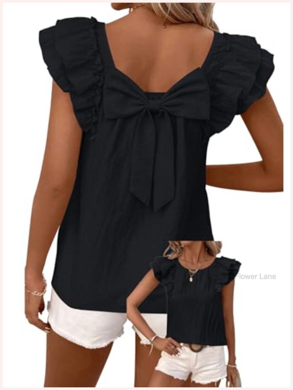 Women's Bow Tie Back Babydoll Top Ruffle Sleeve Crew Neck Blouse